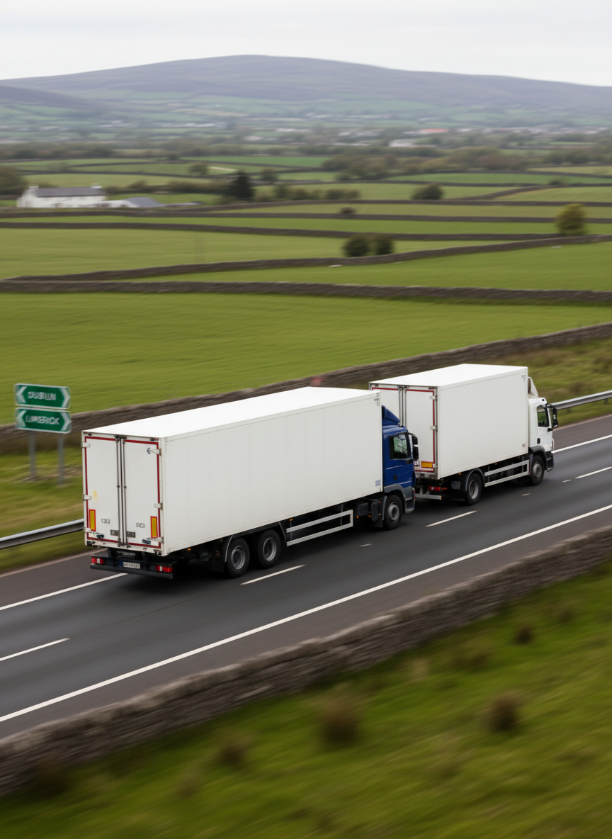 A well-maintained Irish motorway scene featuring a single articulated lorry with a plain, unbranded white trailer and a smaller rigid truck travelling in adjacent lanes, captured mid-motion. The surrounding landscape shows rolling green fields, stone walls, and distant low hills under a soft, bright overcast sky. Natural daylight creates gentle highlights on the vehicles’ bodywork and windshields without harsh contrast. Photographic realism with a tracking-style side view, slight motion blur in the road and background while the vehicles remain sharp, emphasizes movement and reliability. The mood is calm, efficient, and businesslike, suggesting smooth national distribution supported by professional drivers supplied by the agency.
