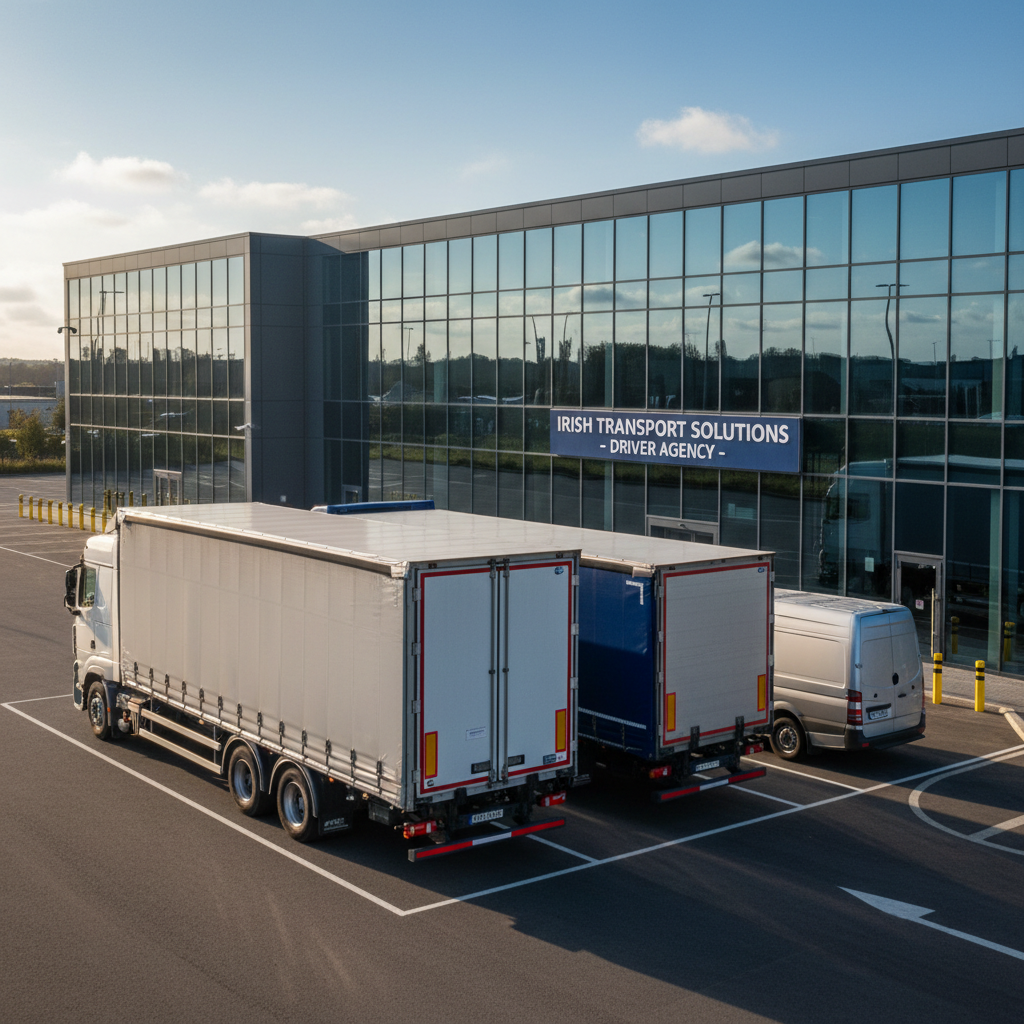 A line of different commercial vehicles – a tall white articulated unit with curtainsider trailer, a sturdy rigid box truck with liftgate, and a compact silver delivery van – parked diagonally in front of a modern glass-fronted logistics office in Ireland. The asphalt yard is clean and well-marked, with safety bollards and reflective chevrons visible on the vehicles’ rear doors. Late afternoon natural light casts soft, elongated shadows and adds a subtle warm glow to the scene. Captured in photographic realism from a slightly elevated three-quarter angle, the composition shows all vehicle types clearly, sharp focus throughout, creating a confident, professional mood that highlights the range of drivers supplied by the agency.