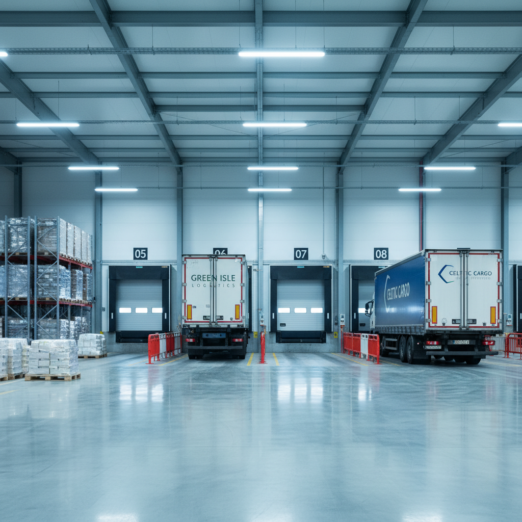 The interior of a spotless Irish distribution depot loading area, showing the rear of a rigid truck perfectly aligned with a dock leveller and an articulated trailer backed onto a neighbouring bay. High-visibility barriers, numbered dock doors, and neatly stacked, wrapped pallets create an organized industrial setting. Bright, cool-toned overhead LED lighting evenly bathes the concrete floor, catching subtle reflections under the vehicles’ chassis. Shot in photographic realism from an eye-level perspective looking down the row of bays, with strong linear perspective drawing the eye into the distance. The atmosphere feels controlled, safe, and highly professional, ideal for a business specializing in supplying distribution drivers.