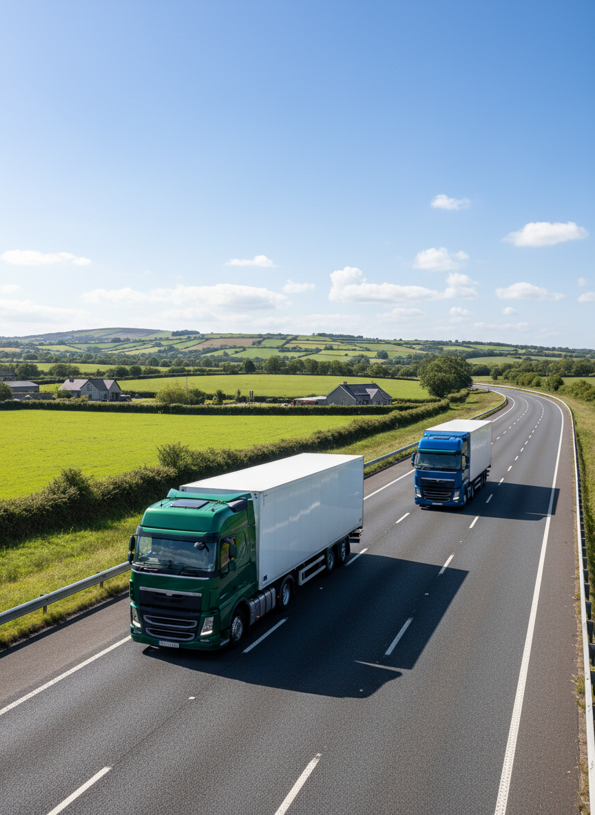 A professional photograph of two large articulated lorries travelling safely on an Irish motorway, with generous space between them, both in lane, open road ahead, green countryside in the background, bright daylight, clean modern trucks, safe and reassuring composition