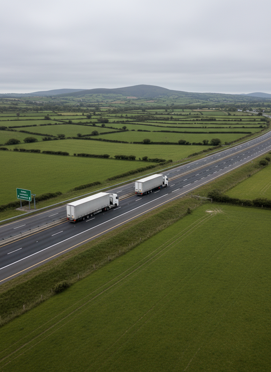 Aerial view of two white HGV articulated lorries travelling on an Irish motorway with green countryside fields and hills in the background, Dublin and Limerick road signs visible on the left. The two trucks are clearly separated with a good gap between them, travelling in the same direction on the motorway. Overcast Irish sky. Realistic photography style, motion blur effect on the road.
