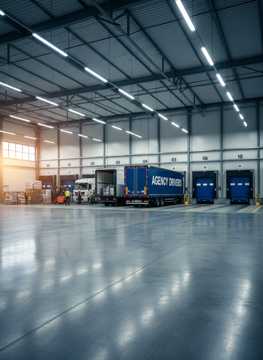 Interior of a modern Irish logistics warehouse loading bay. Several articulated truck trailers backed up to loading docks. The rear of the nearest trailer clearly reads "AGENCY DRIVERS" in bold lettering on the back doors. Clean, well-lit industrial space with numbered dock doors, concrete floor, high ceiling with strip lighting. Professional, realistic photography style.