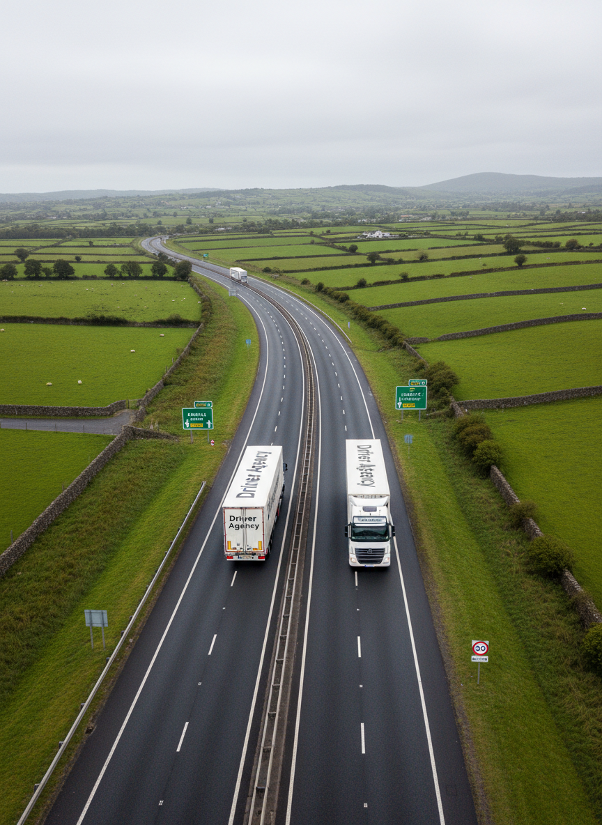 An aerial/elevated view of two large white artic trucks driving on an Irish motorway with green fields and rolling hills in the background. The trucks are travelling in the same direction but with a clear gap between them — well separated with visible road space between the two vehicles. Each truck has "Driver Agency" written in clear bold text on the side of the trailer. Irish road signage visible. Overcast Irish sky. Realistic, professional photography style.
