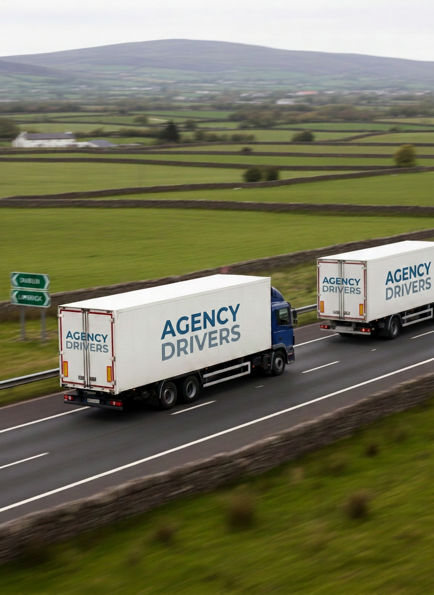 A well-maintained Irish motorway scene featuring a single articulated lorry with a plain, unbranded white trailer and a smaller rigid truck travelling in adjacent lanes, captured mid-motion. The surrounding landscape shows rolling green fields, stone walls, and distant low hills under a soft, bright overcast sky. Natural daylight creates gentle highlights on the vehicles’ bodywork and windshields without harsh contrast. Photographic realism with a tracking-style side view, slight motion blur in the road and background while the vehicles remain sharp, emphasizes movement and reliability. The mood is calm, efficient, and businesslike, suggesting smooth national distribution supported by professional drivers supplied by the agency.